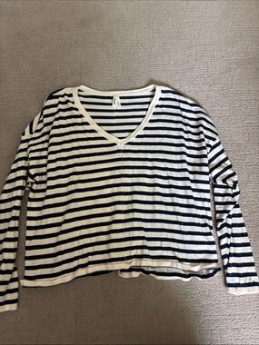Pact Navy & White Striped V-Neck Long Sleeve Top